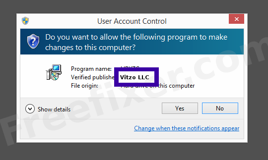 Screenshot where Vitzo LLC appears as the verified publisher in the UAC dialog